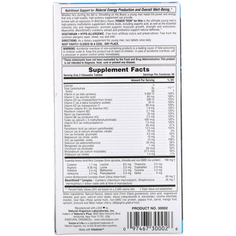 Natures Plus - Source of Life, Power Teen, For Him, Sugar Free, Natural Wild Berry Flavor, 60 Chewable Tablets