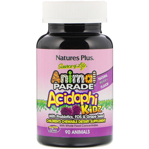 Natures Plus - Source of Life Animal Parade, AcidophiKidz, Children's Chewable, Natural Berry, 90 Animal-Shaped Tablets