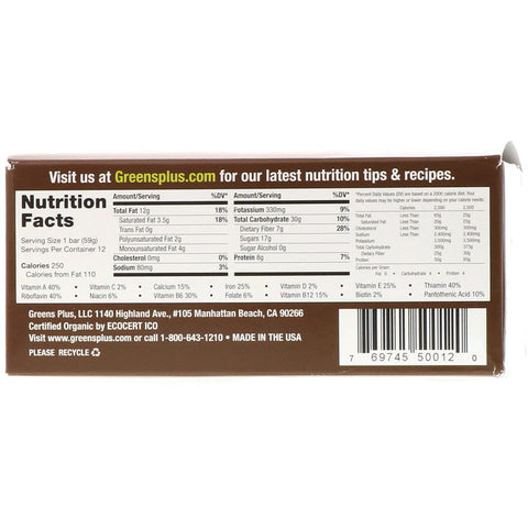 Green Plus - PLUSBAR Chocolate Energy Bar 59g Box - 12 Bars