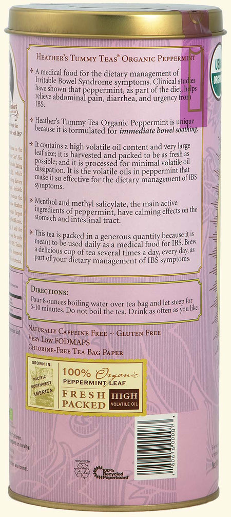 Heather's Tummy Care - Tea Organic Peppermint Tea Bags - 36 Jumbo Teabags Can
