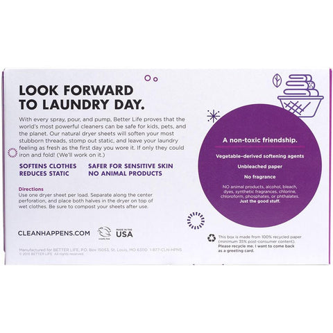 Better Life (Nicole) - Dryer Sheets Unscented - 6/80 Ct